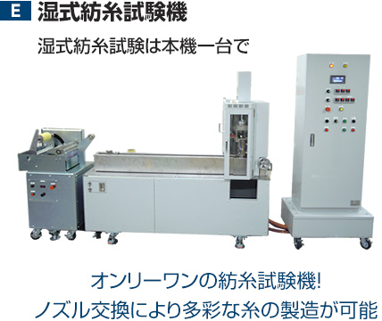 E：湿式紡糸試験機　湿式紡糸試験は本機一台で　オンリーワンの紡糸試験機！ノズル交換により多彩な糸の製造が可能